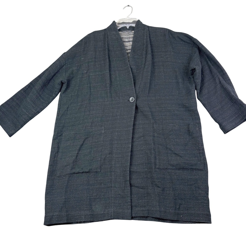Eileen Fisher L Black Textured Knit Longline Cardigan Jacket Shawl Collar Pocket